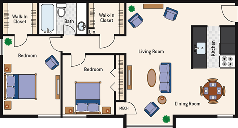 Floor plan for 2 beds, 1 bath, 829 sqft